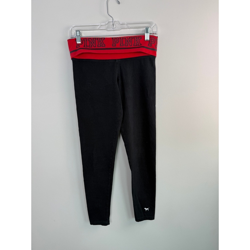 Victoria's Secret PINK Yoga Leggings Womens Small Black Red Foldover Waistband